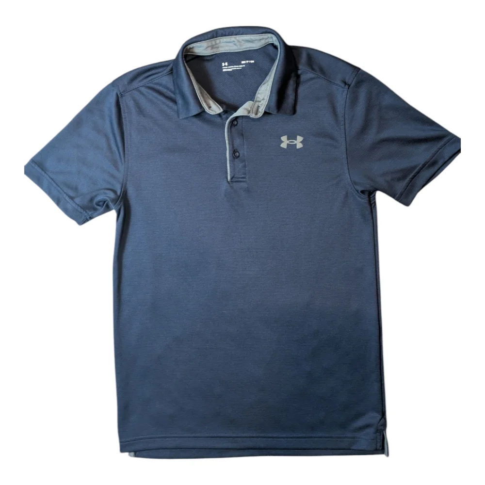Under Armour Loose Fit Navy Blue Gray Trim Short Sleeve Polo Shirt Men's Small